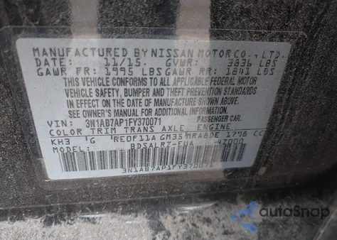 2015 Nissan Sentra Sr из США, поврежденный, VIN 3N1AB7AP1FY370071